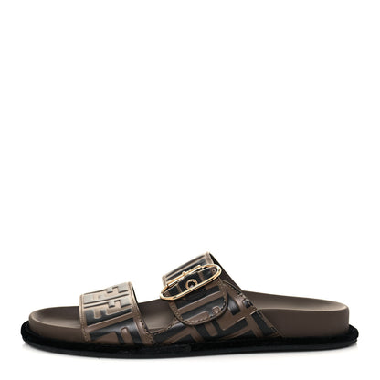 Fendi Calfskin FF Embossed Pearland Slide Sandals 37.5 Tobacco Moro 1 of 9