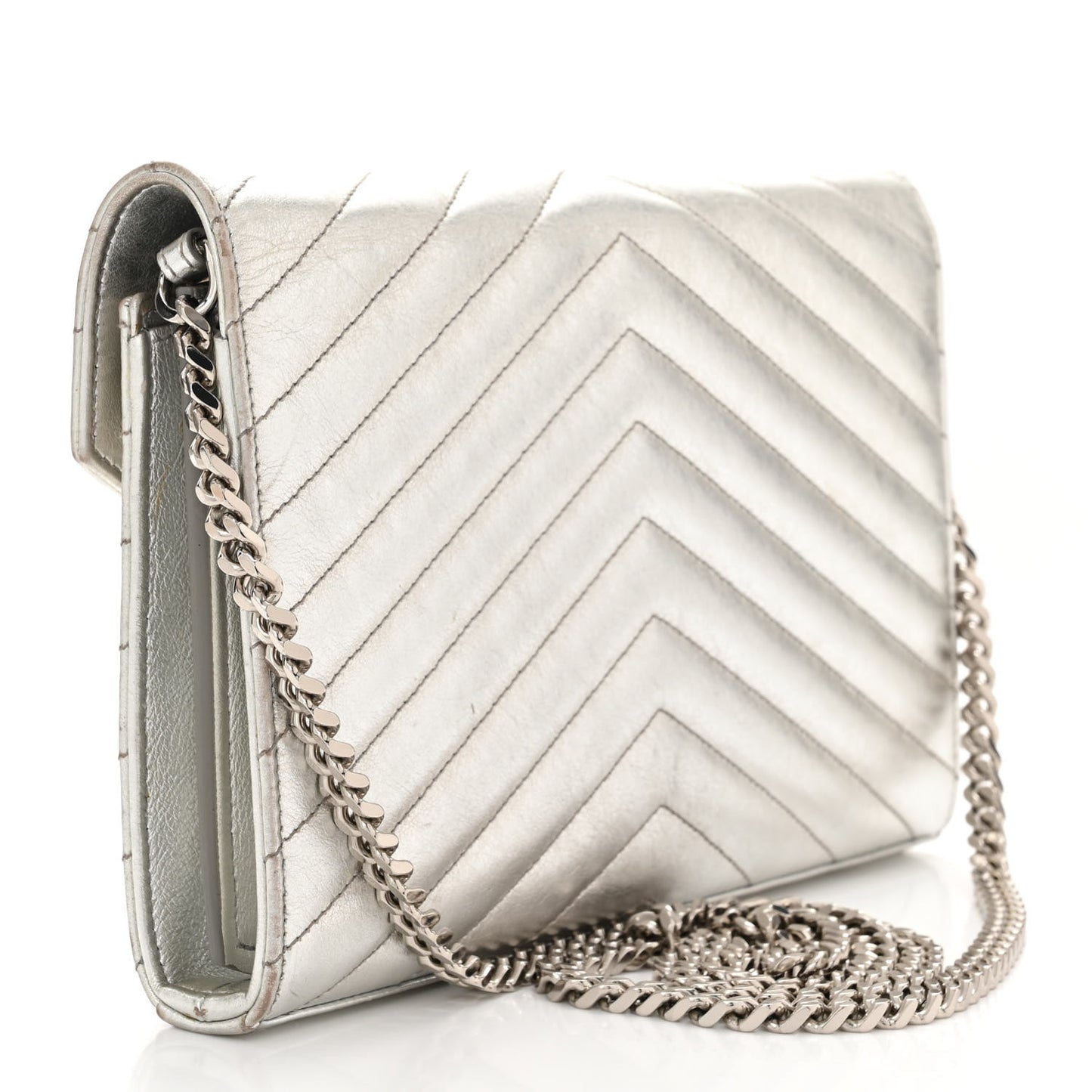 Metallic Lambskin Matelasse Chevron Monogram Chain Wallet Argento