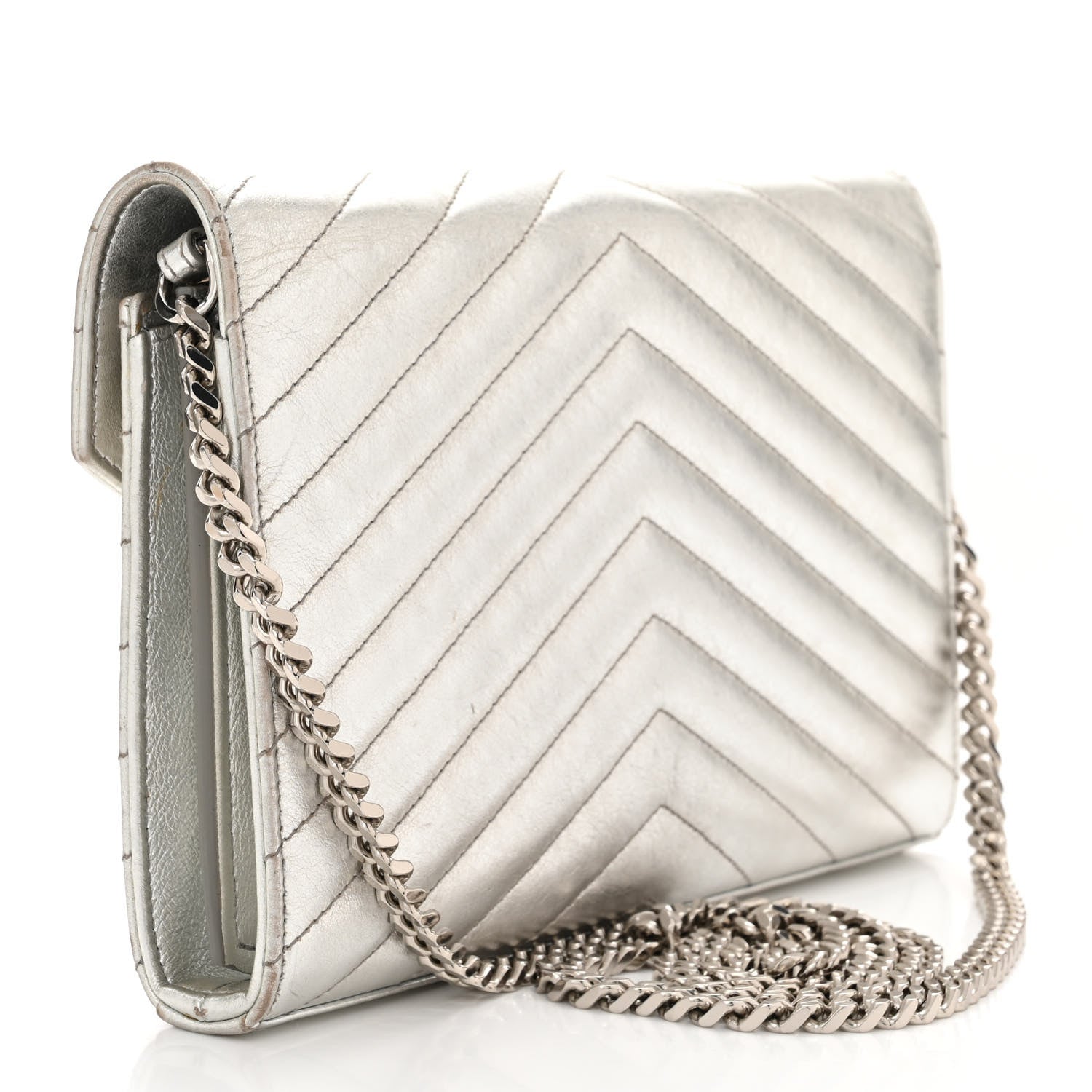 Saint Laurent Metallic Lambskin Matelasse Chevron Monogram Chain Wallet Argento 3 of 16