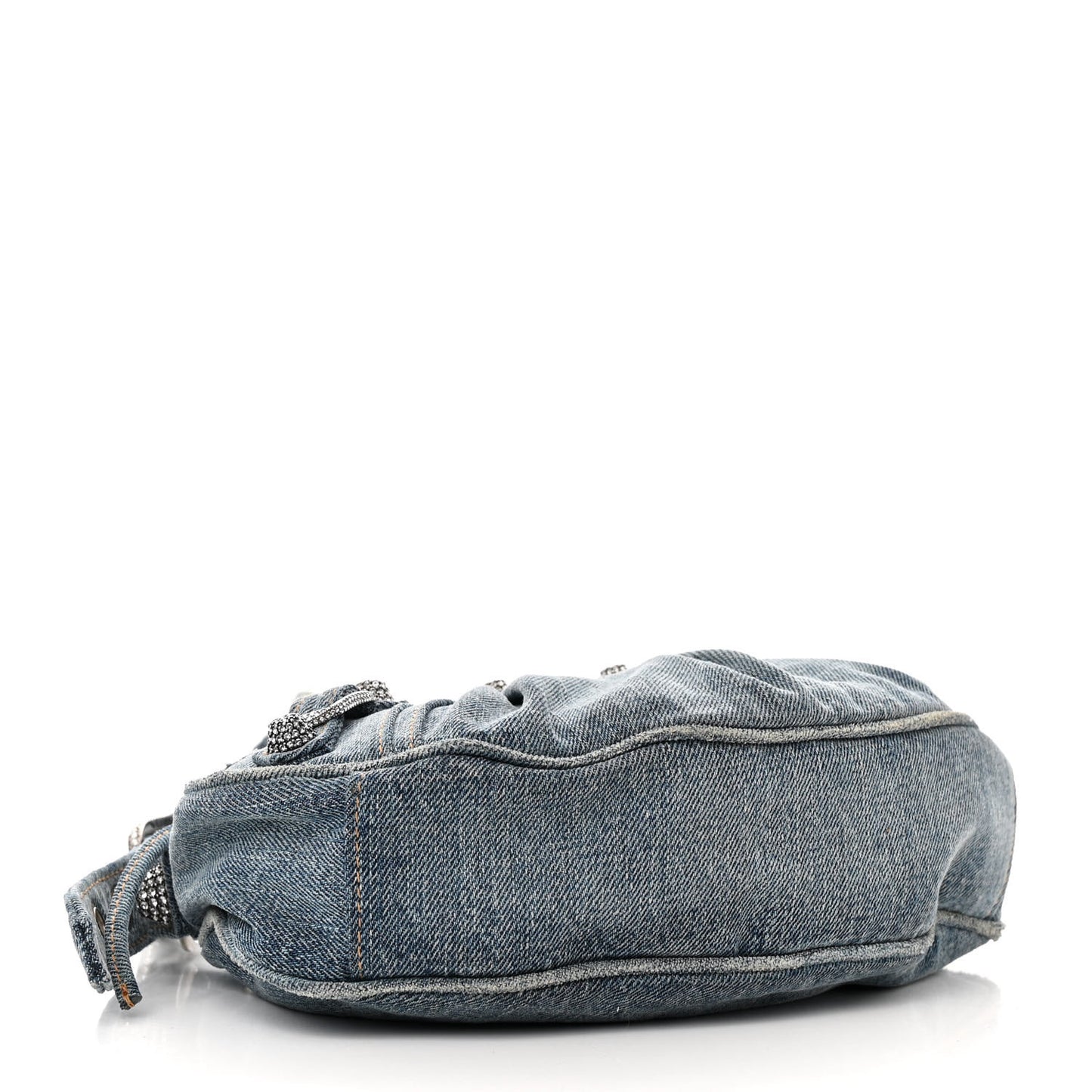Washed Frayed Denim Crystal Le Cagole Shoulder Bag XS Blue
