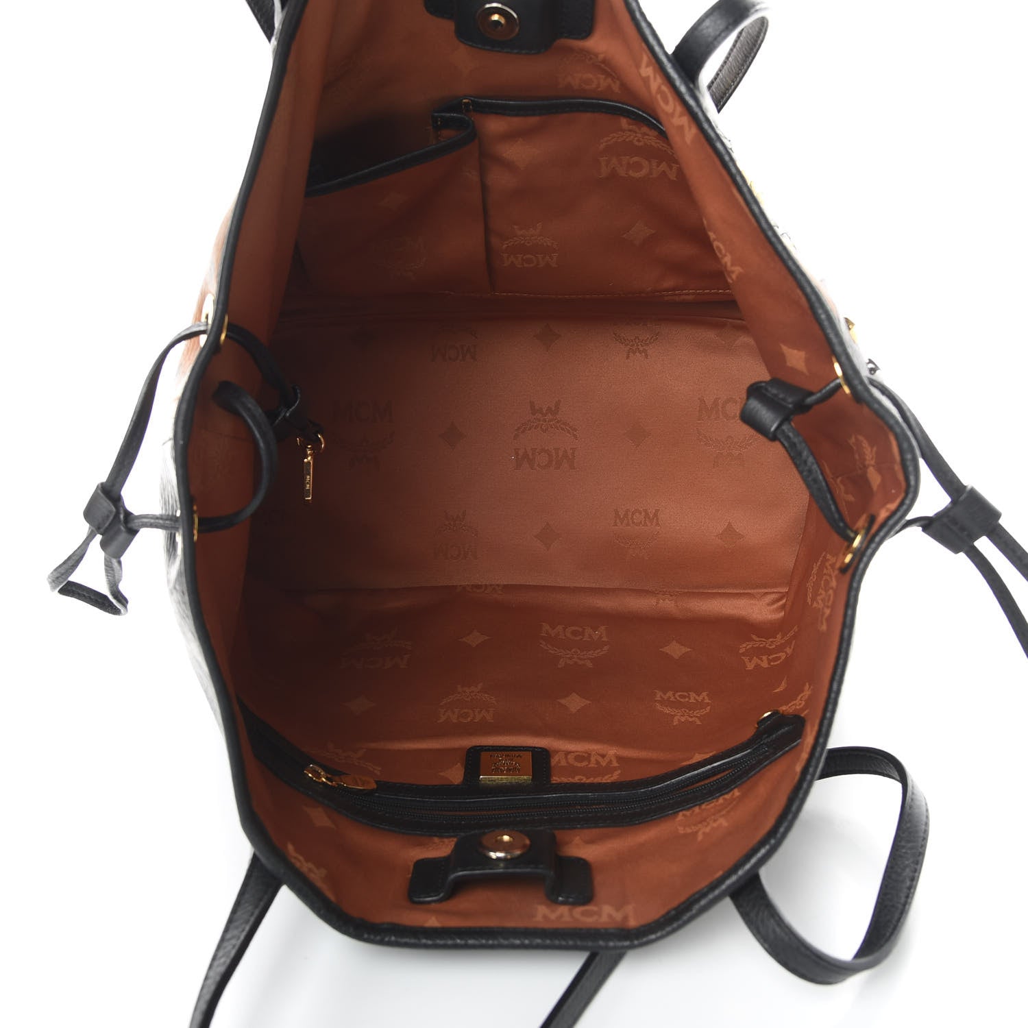 MCM Visetos Studded Medium Bi-Color Shopper Tote Black Cognac 6 of 15