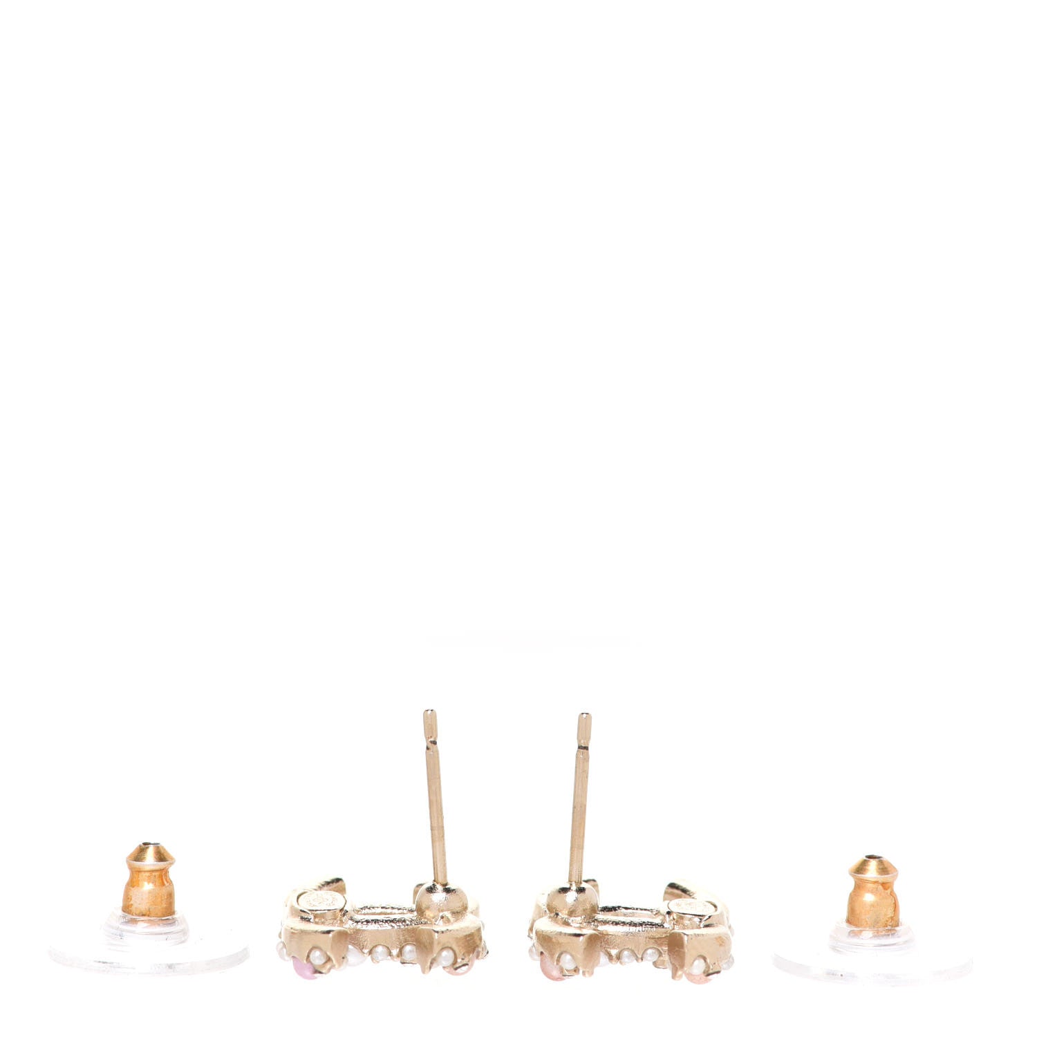 Chanel Pearl Crystal CC Charms Stud Earrings Light Gold Pink 3 of 4