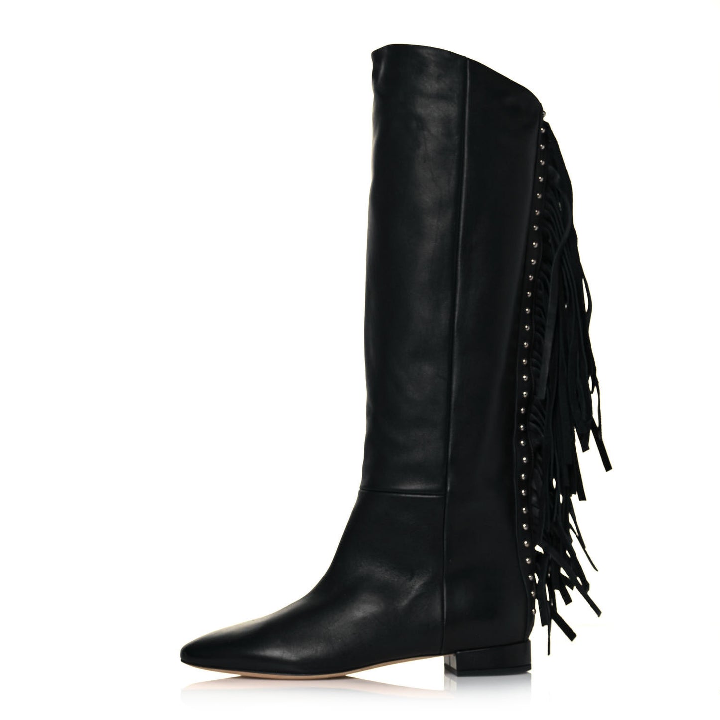 Calfskin Dana Knee High Fringed Boots 36.5 Black