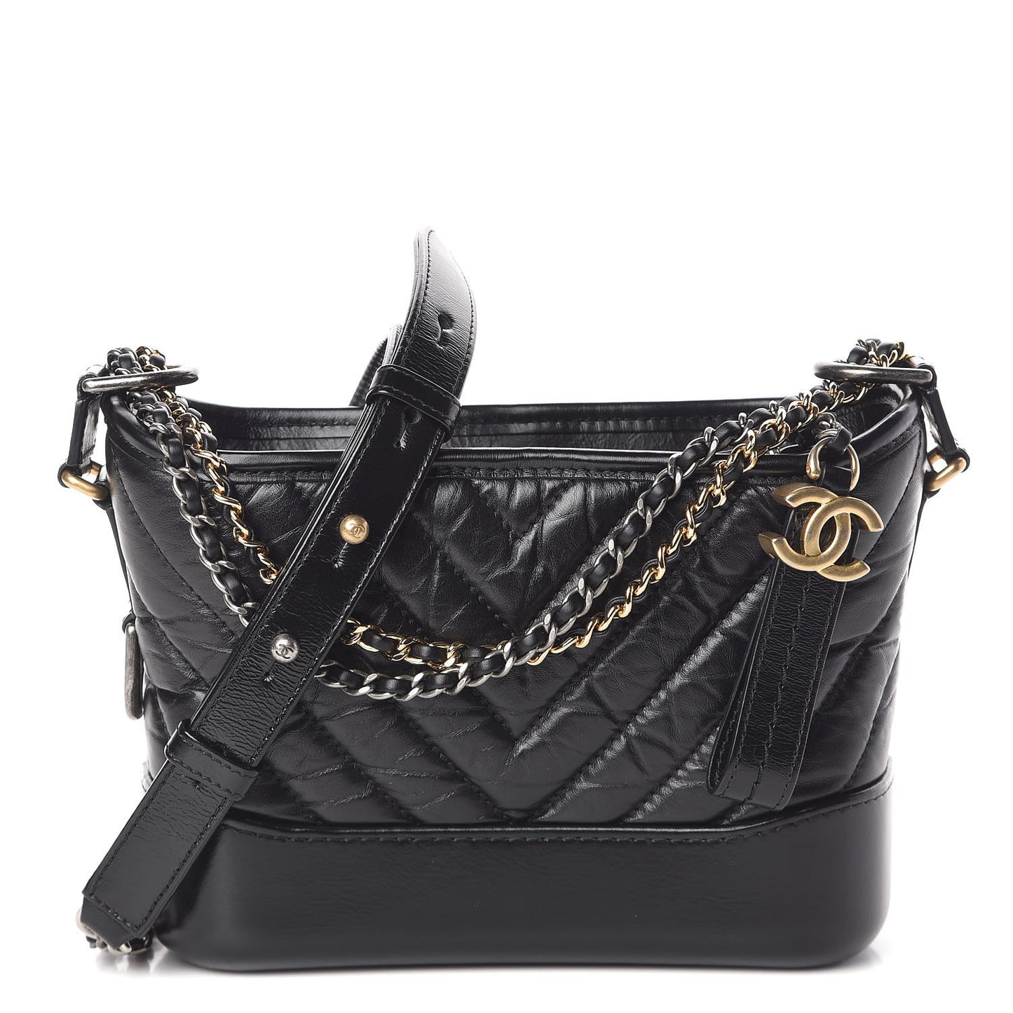 Aged Calfskin Chevron Quilted Small Gabrielle Hobo Black