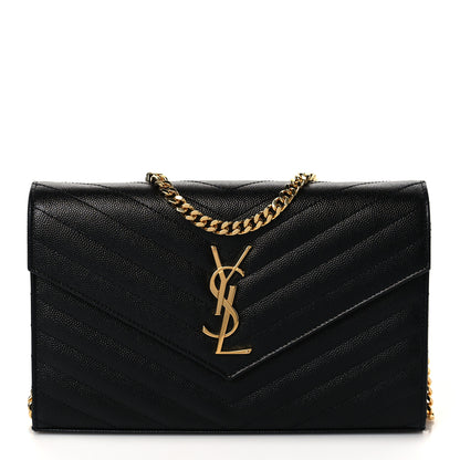 Saint Laurent Grain De Poudre Matelasse Chevron Monogram Chain Wallet Black 1 of 8