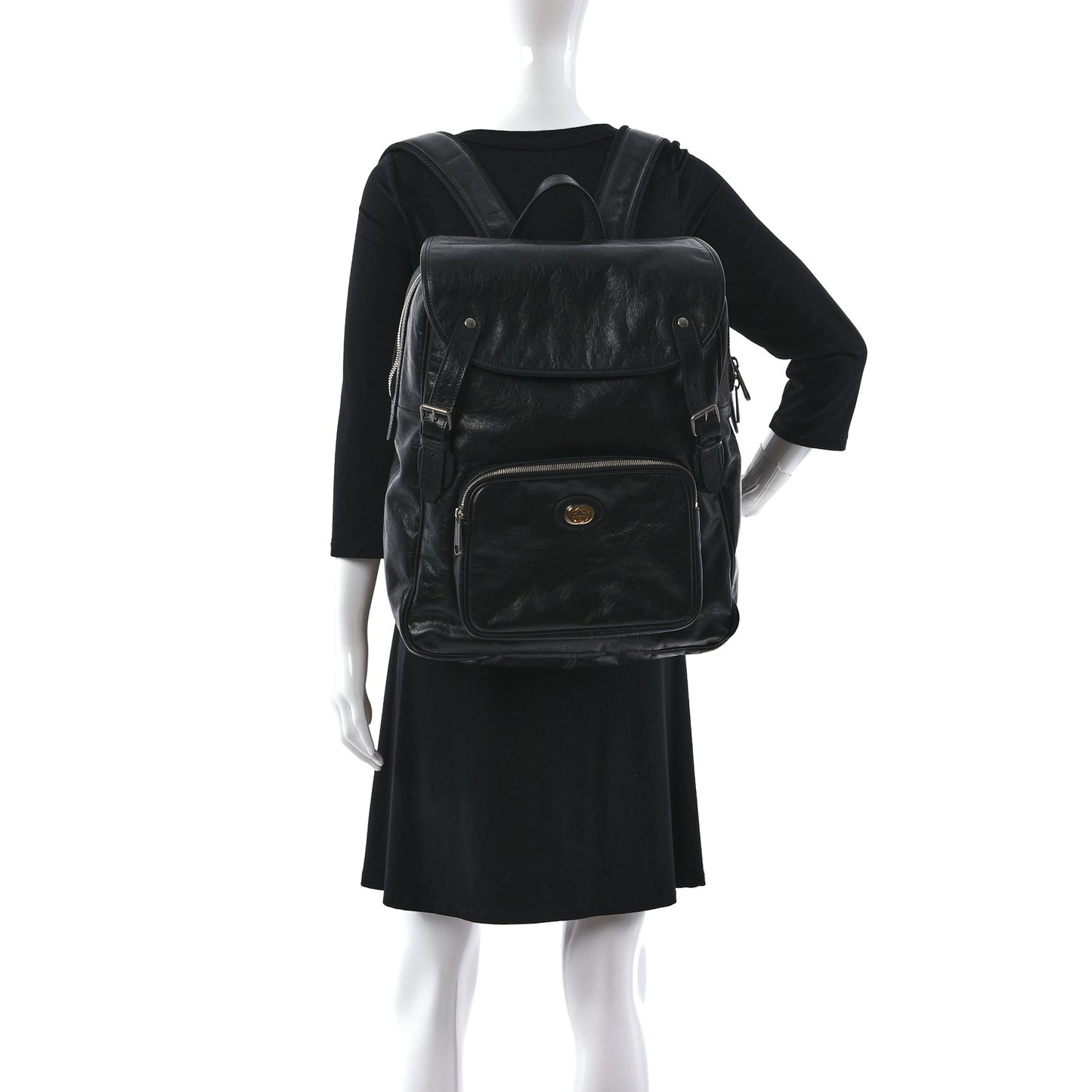 Fluffy Calfskin Mesh Nylon Medium Morpheus Double Buckle Backpack Black