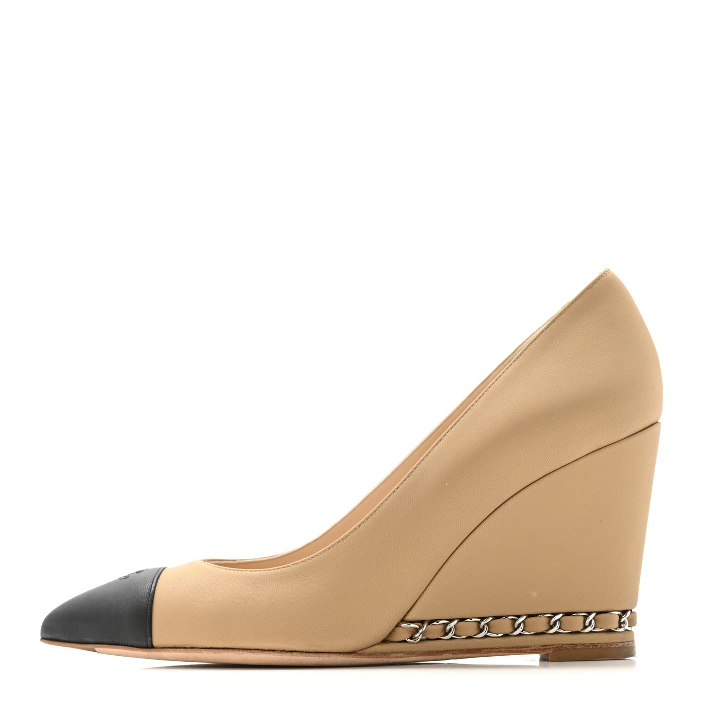 Calfskin Cap Toe Chain Wedge Pumps 36 Marron Clair Black