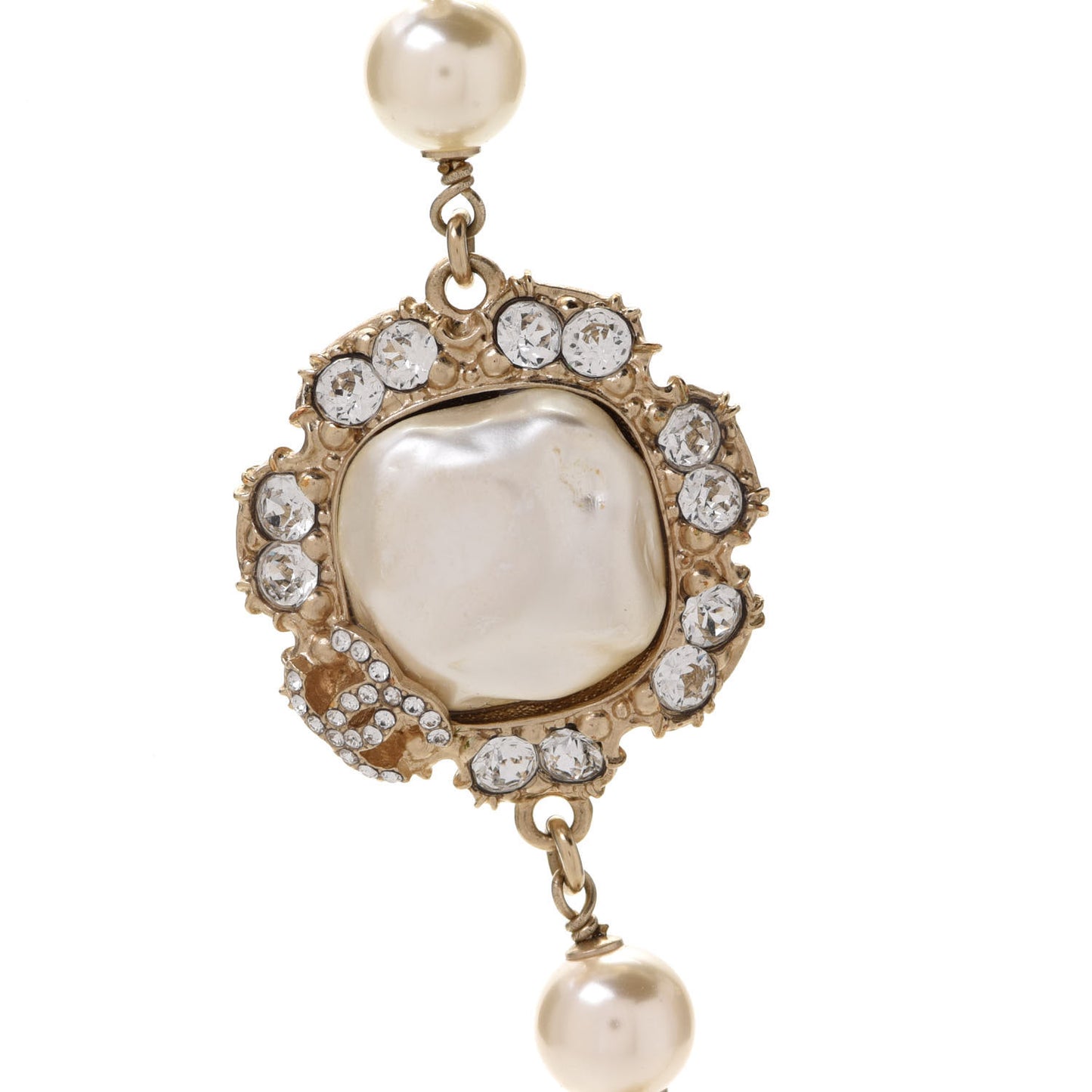 Pearl Crystal CC Camellia Express Long Necklace Gold