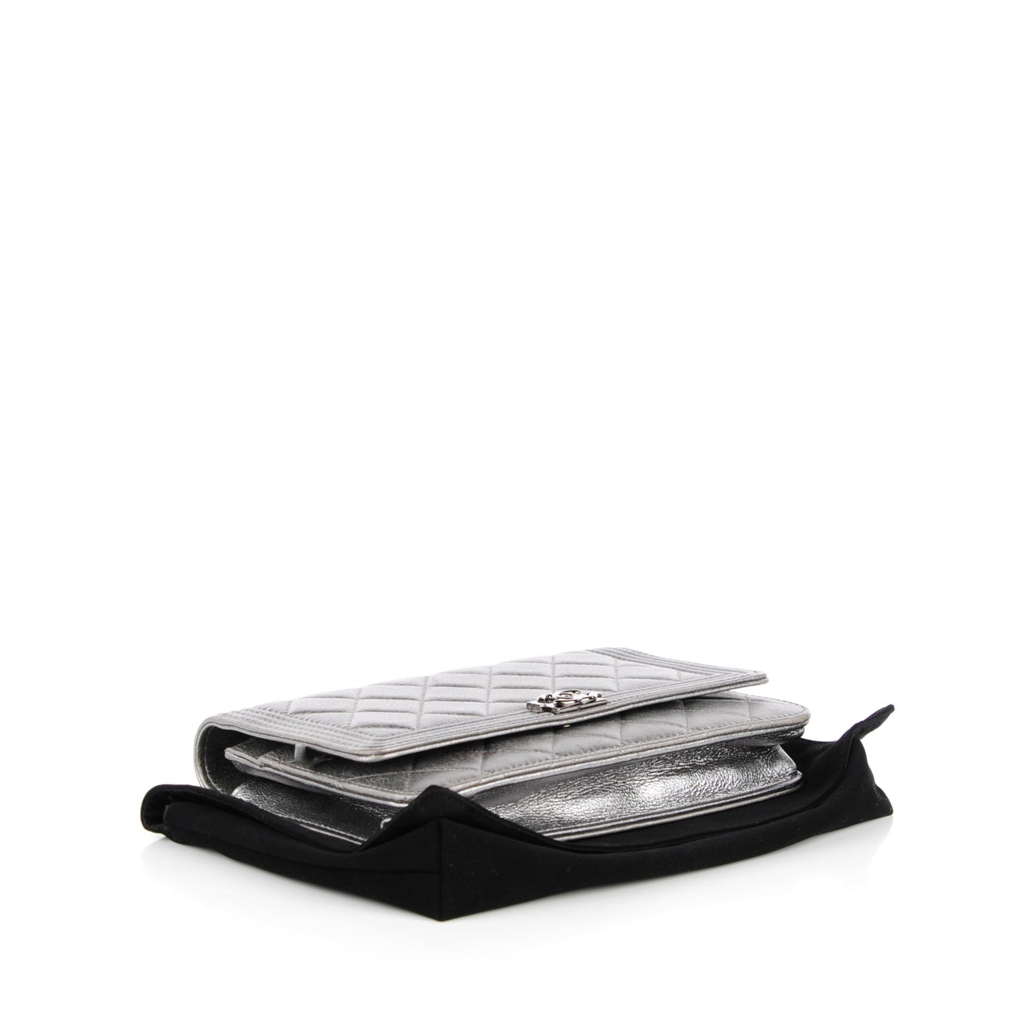 Metallic Distressed Calfskin Quilted Boy Wallet On Chain WOC Silver