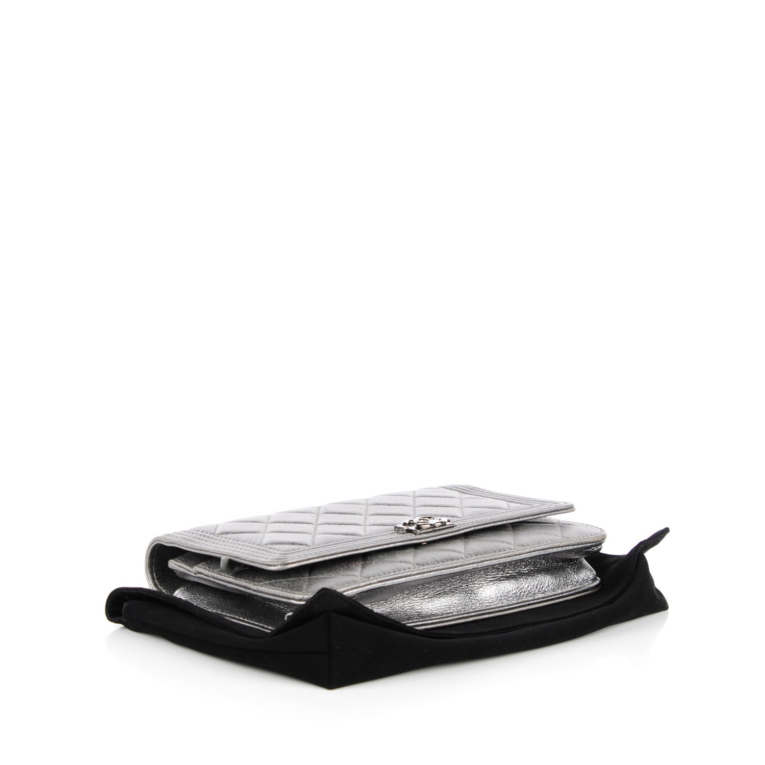 Chanel Metallic Distressed Calfskin Quilted Boy Wallet On Chain WOC Silver 4 of 8