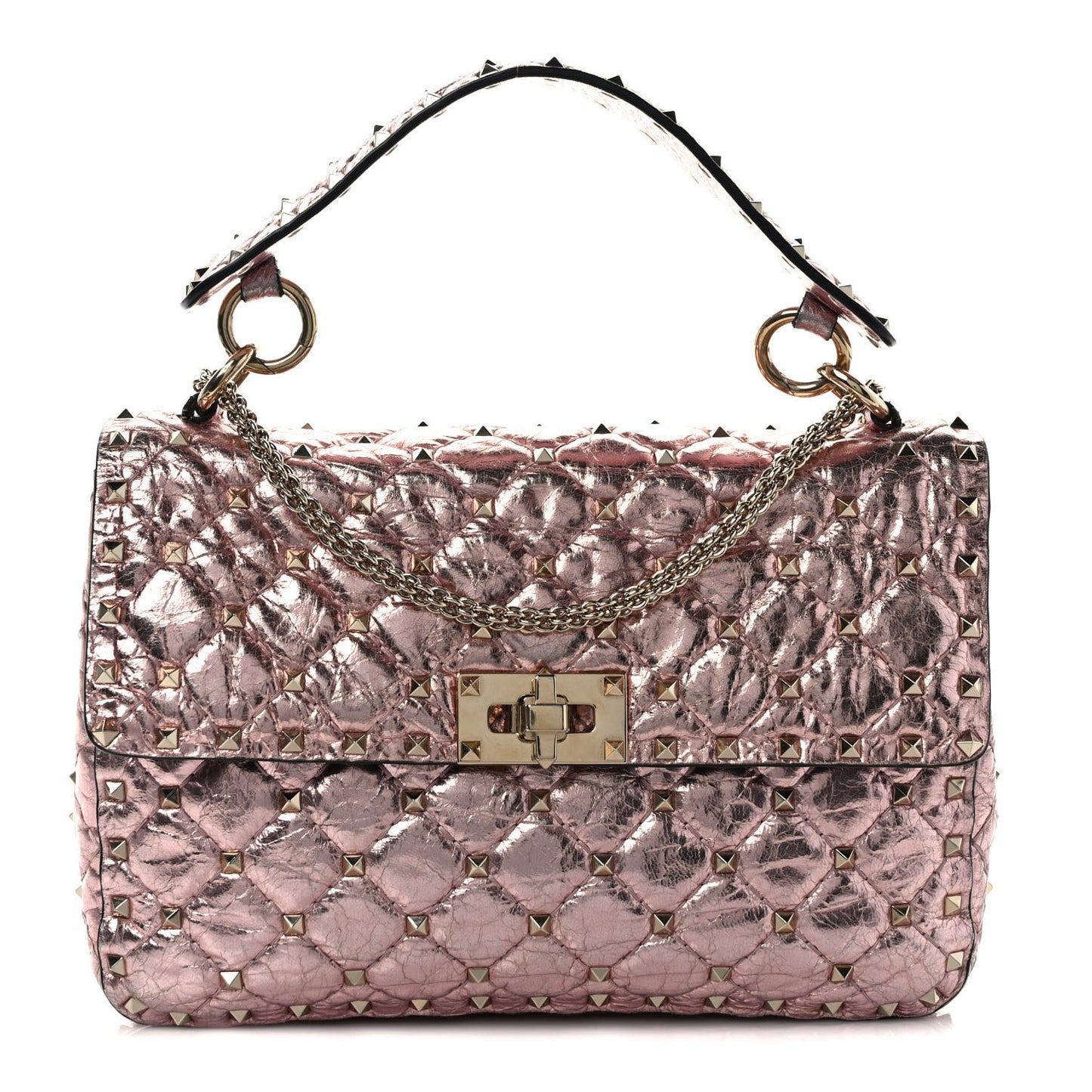 Metallic Wrinkled Lambskin Medium Rockstud Spike Shoulder Bag Lipstick