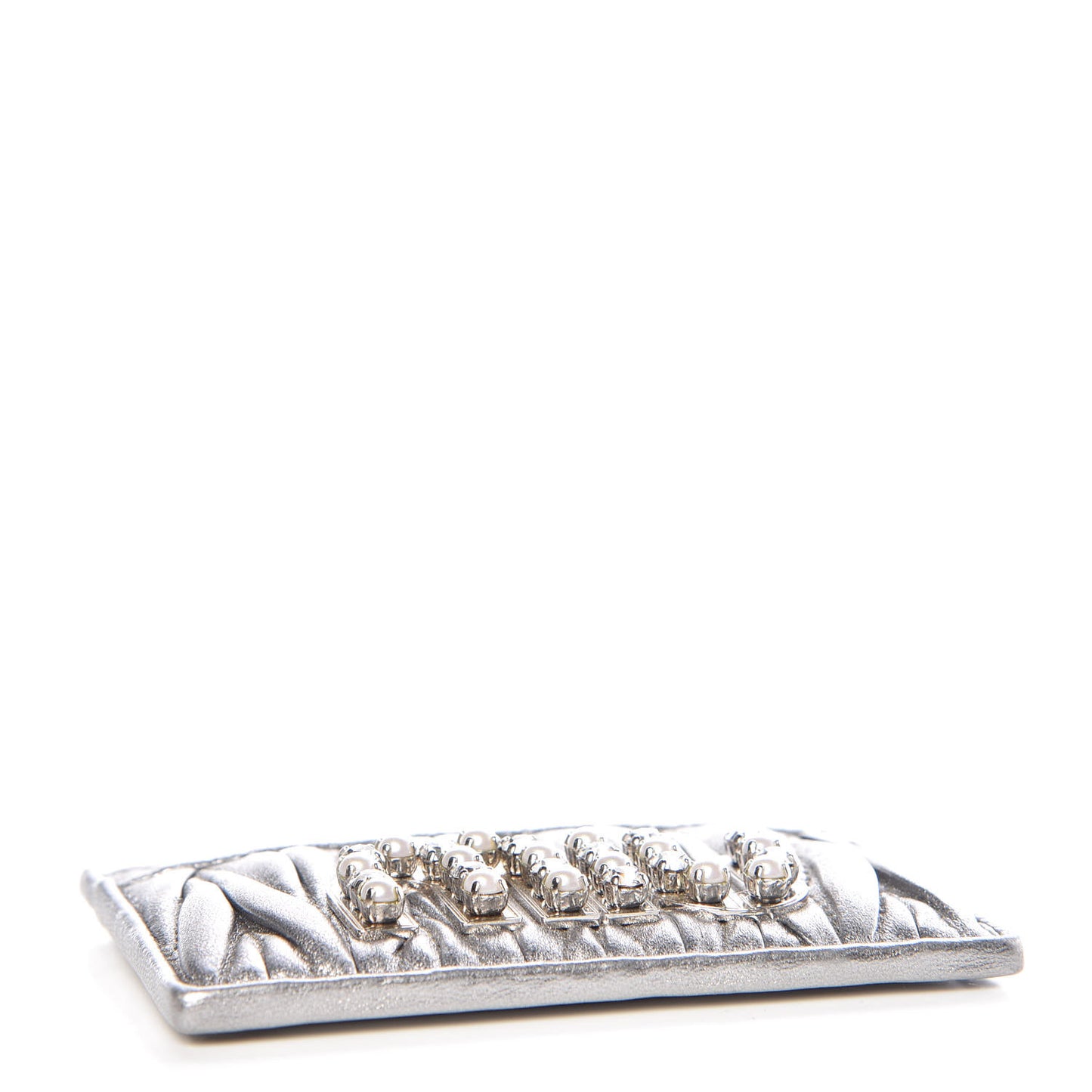 Metallic Goatskin Matelasse Crystal Miu Card Case Cromo