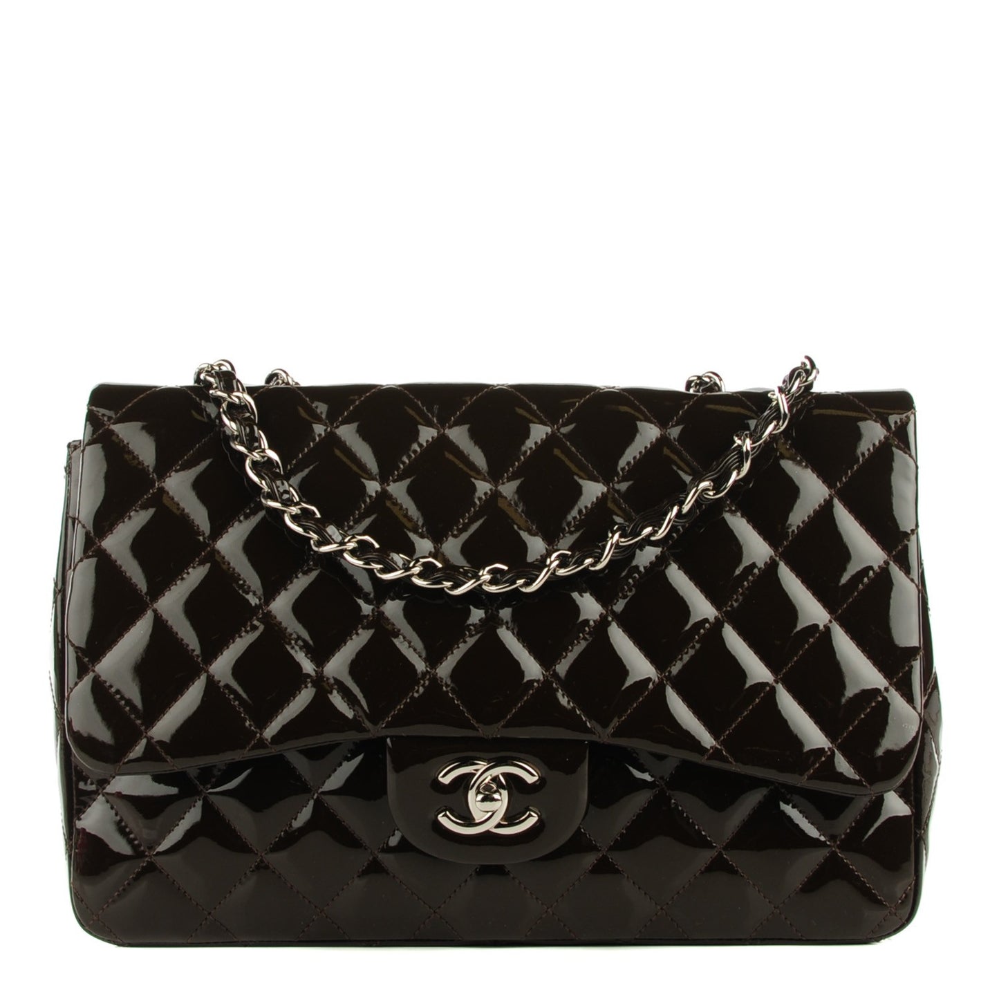 Patent Quilted Jumbo Single Flap Dark Brown