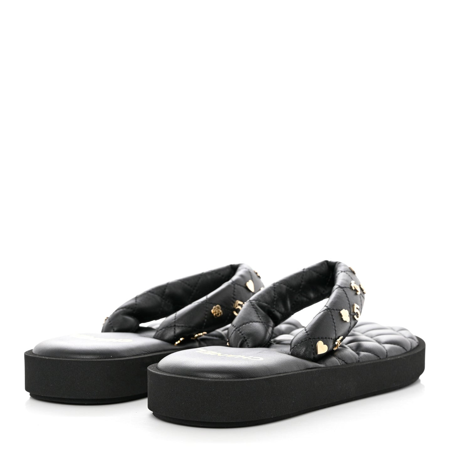 Lambskin Quilted Padded Charms Thong Sandals 38 Black