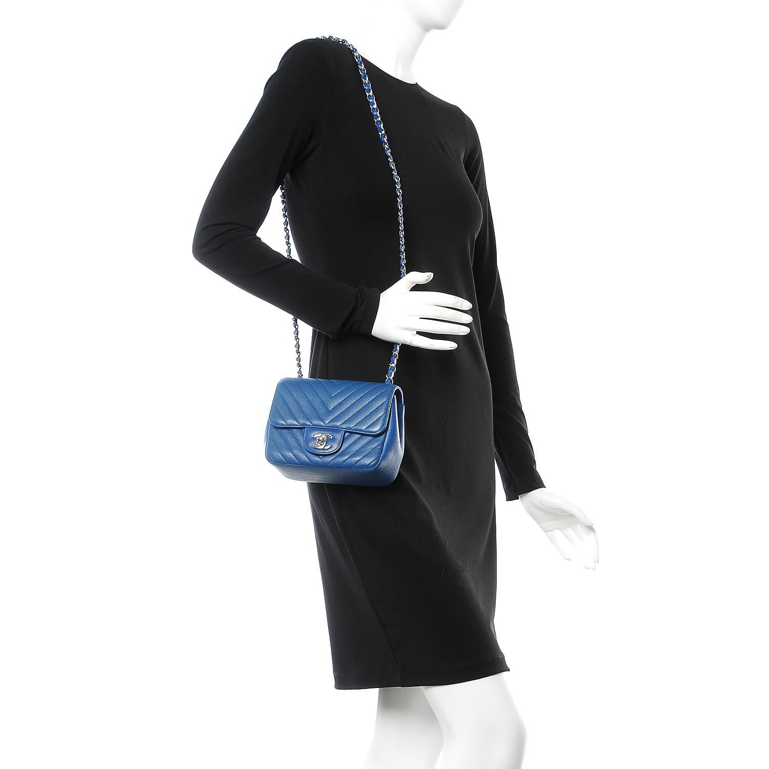 Chanel Caviar Chevron Quilted Mini Square Flap Blue 2 of 7