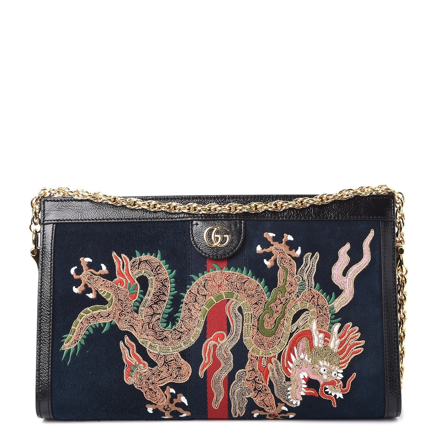 Suede Patent Web Dragon Embroidered Medium Ophidia Chain Shoulder Bag Blue Multicolor Black