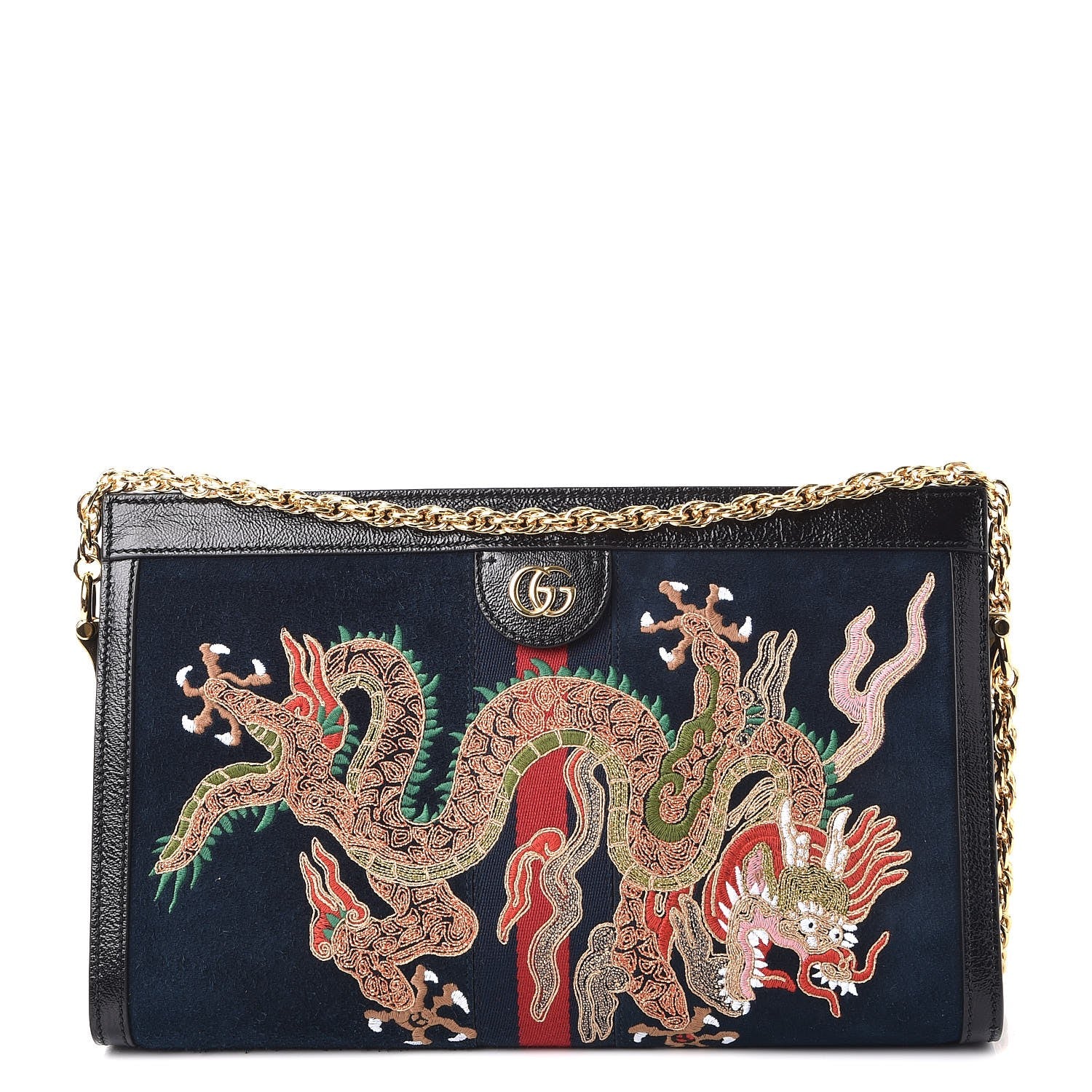 Gucci Suede Patent Web Dragon Embroidered Medium Ophidia Chain Shoulder Bag Blue Multicolor Black 1 of 7