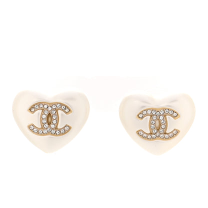 Chanel Pearl Crystal CC Heart Earrings Gold 1 of 6