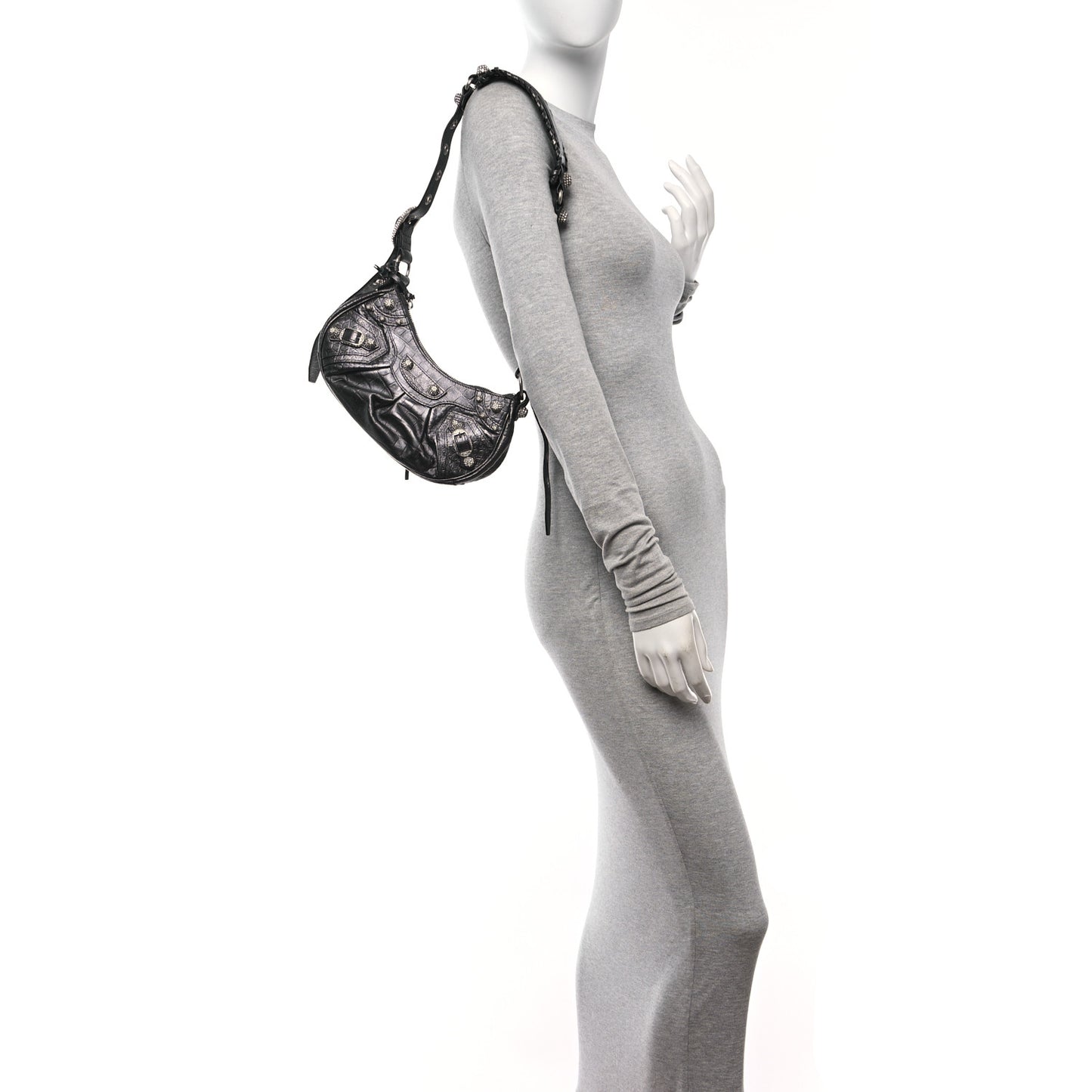 Metallic Calfskin Crocodile Embossed Crystal Le Cagole Shoulder Bag XS Gunmetal