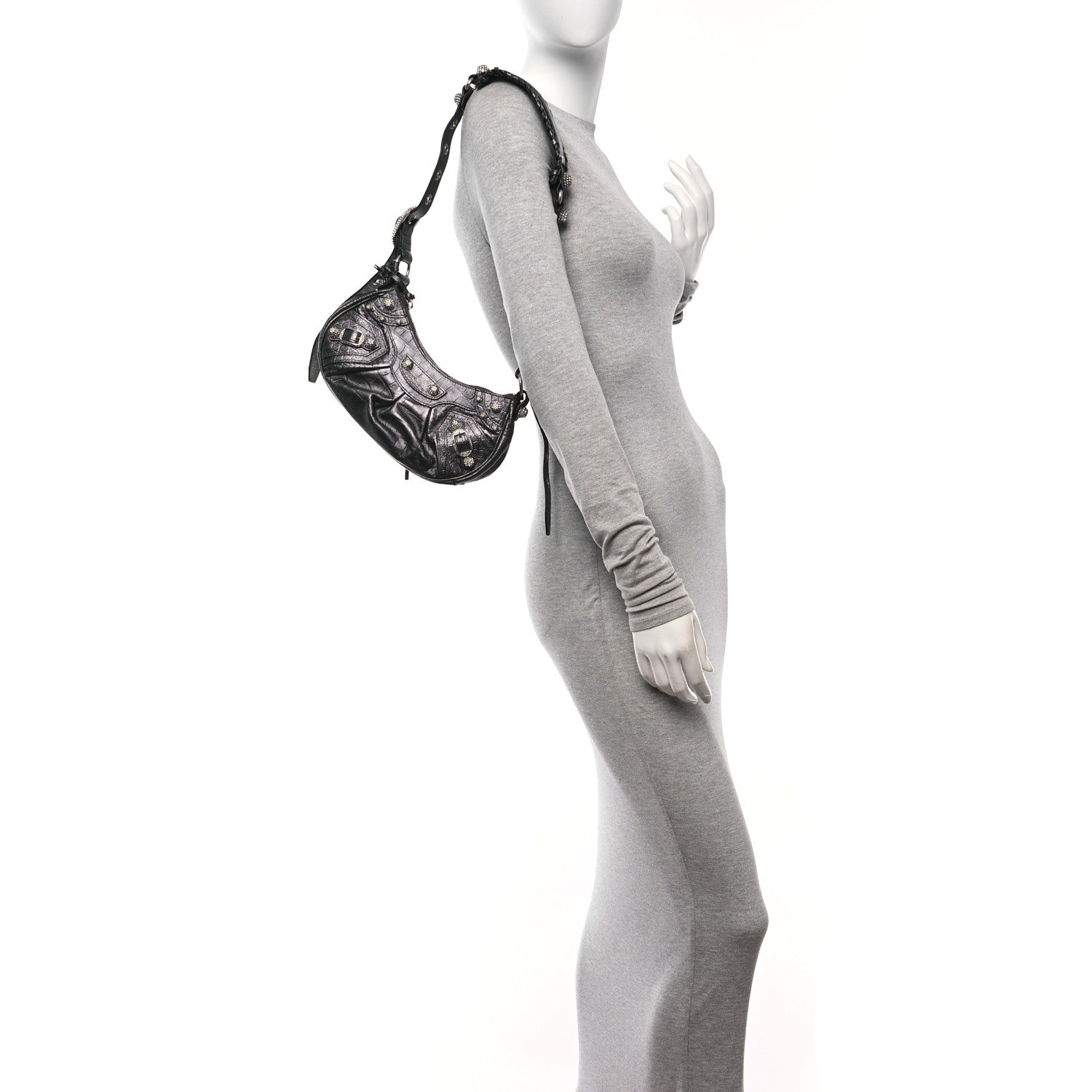 Balenciaga Metallic Calfskin Crocodile Embossed Crystal Le Cagole Shoulder Bag XS Gunmetal 2 of 11