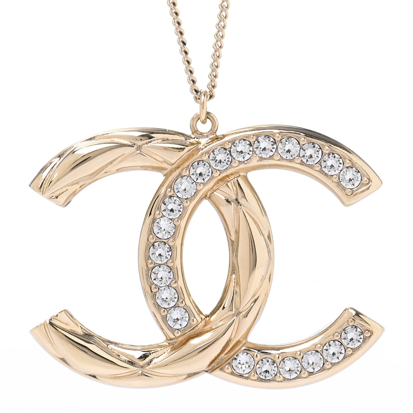 Crystal Metal Quilted CC Pendant Necklace Gold