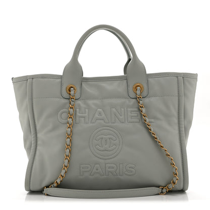 Chanel Calfskin Embossed Small Deauville Tote Light Blue 1 of 12