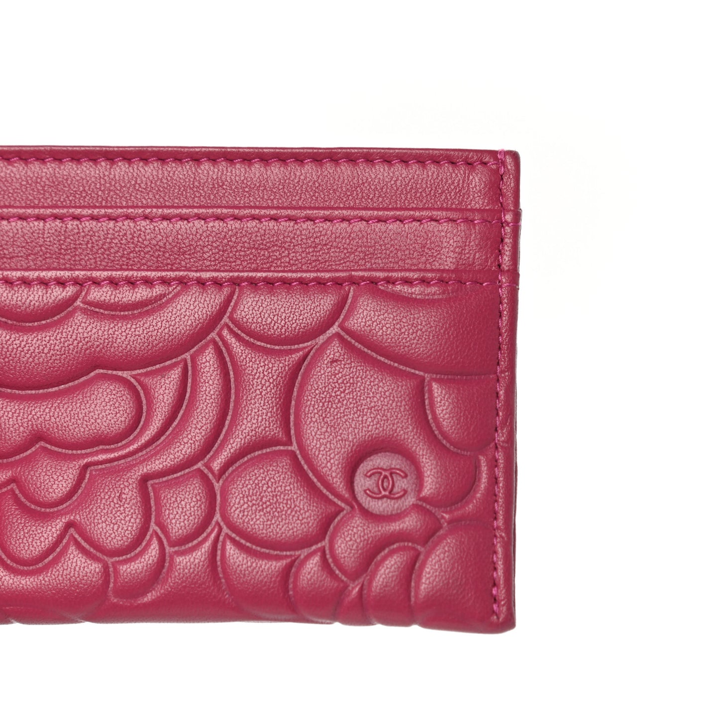 Lambskin Camellia Embossed Card Holder Fuchsia