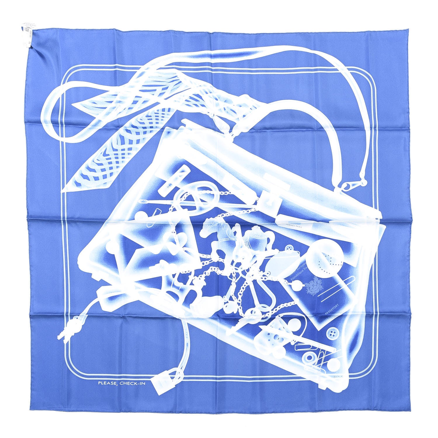Hermes Silk Please Check In Scarf 90 Bleu Moyen Ciel White 1 of 7