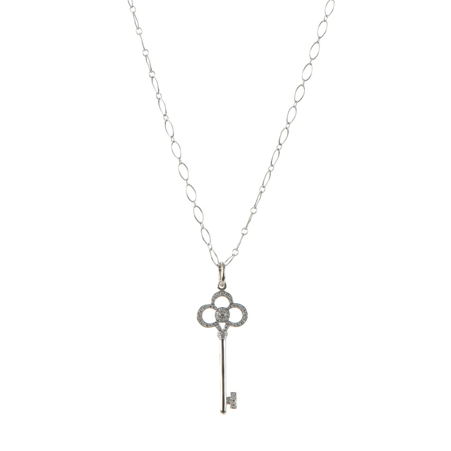 18K White Gold Diamond Crown Key Pendant Necklace