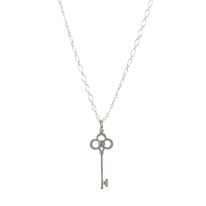 Tiffany 18K White Gold Diamond Crown Key Pendant Necklace 1 of 8