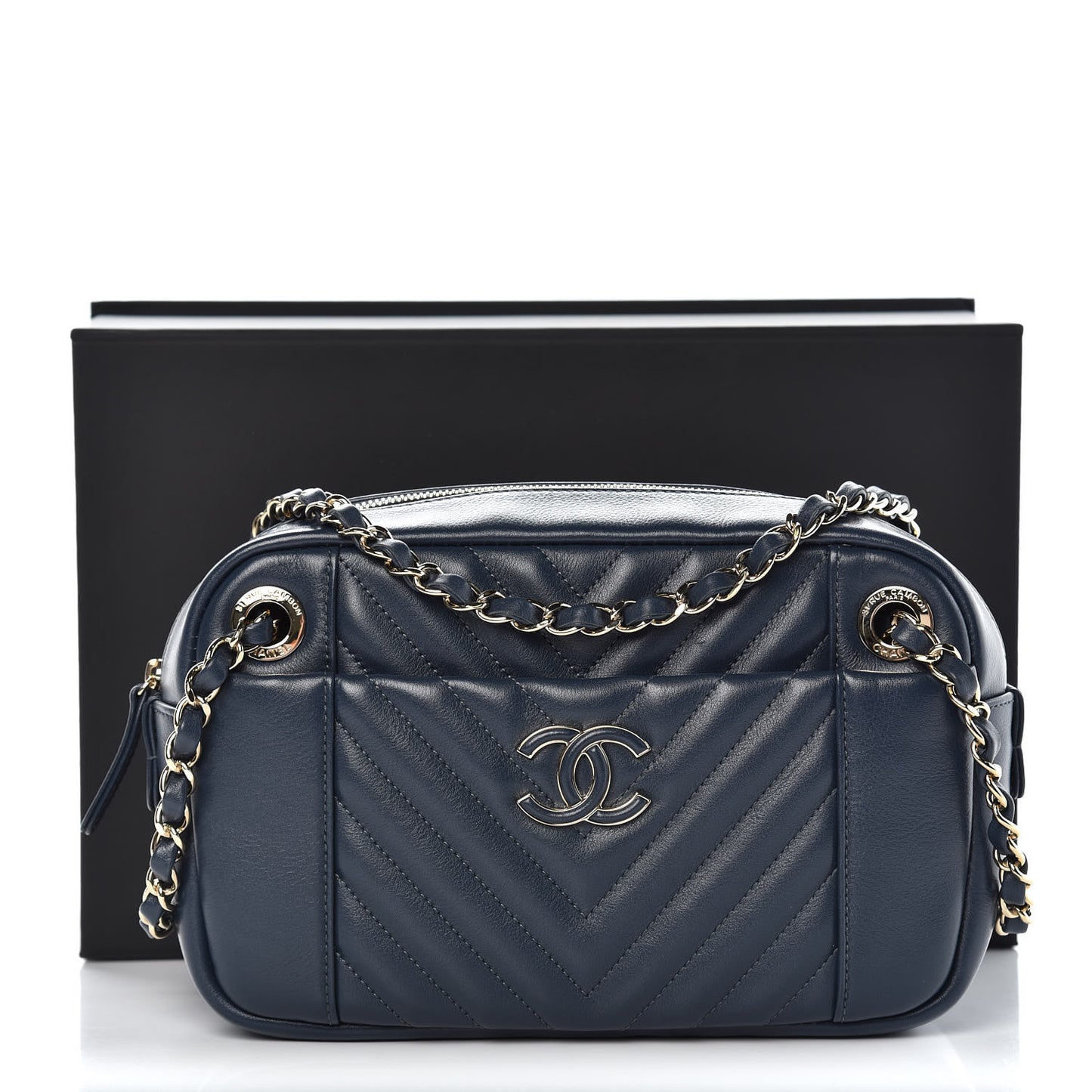 Calfskin Quilted Daily Chevron Camera Case Navy Blue