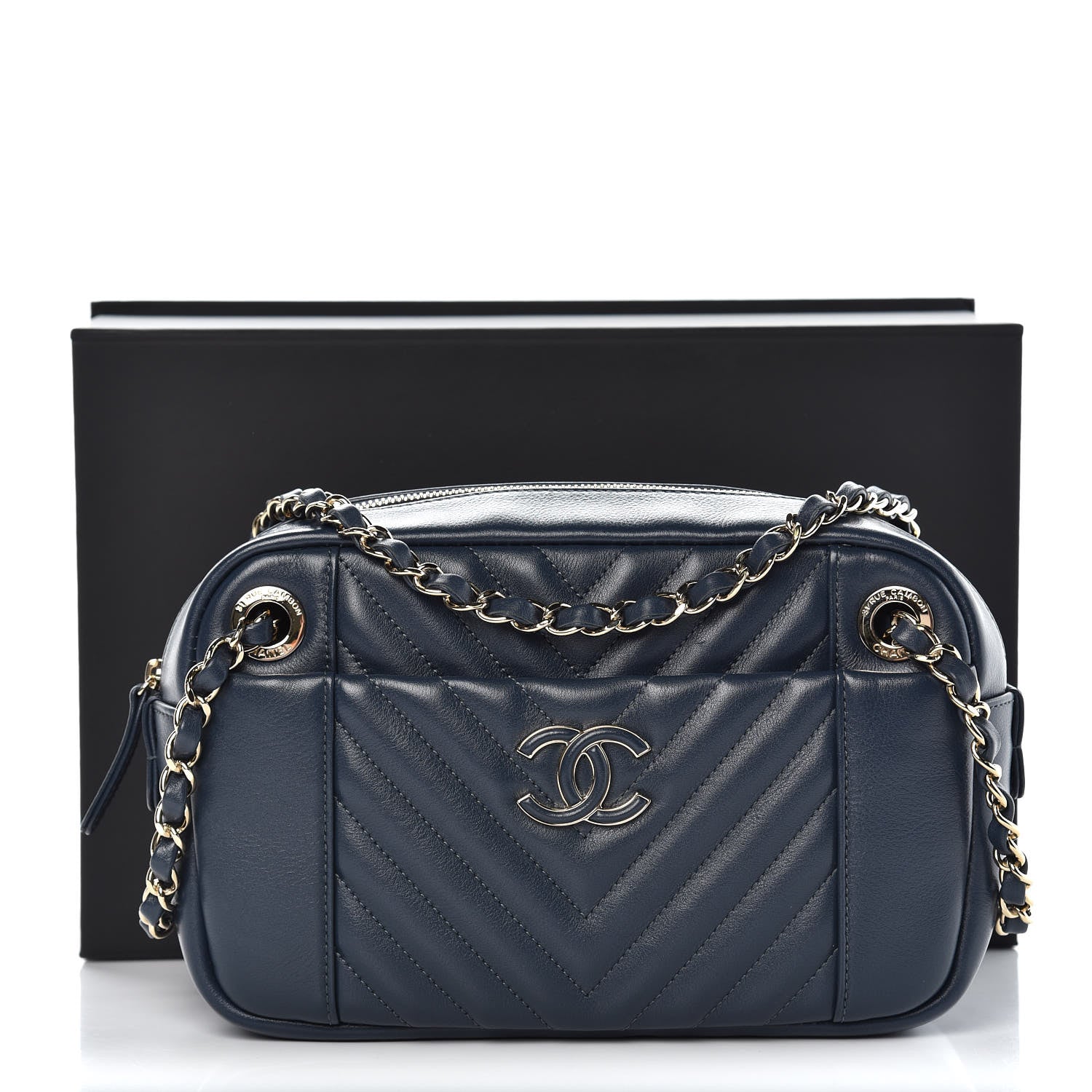 Chanel Calfskin Quilted Daily Chevron Camera Case Navy Blue 8 of 8