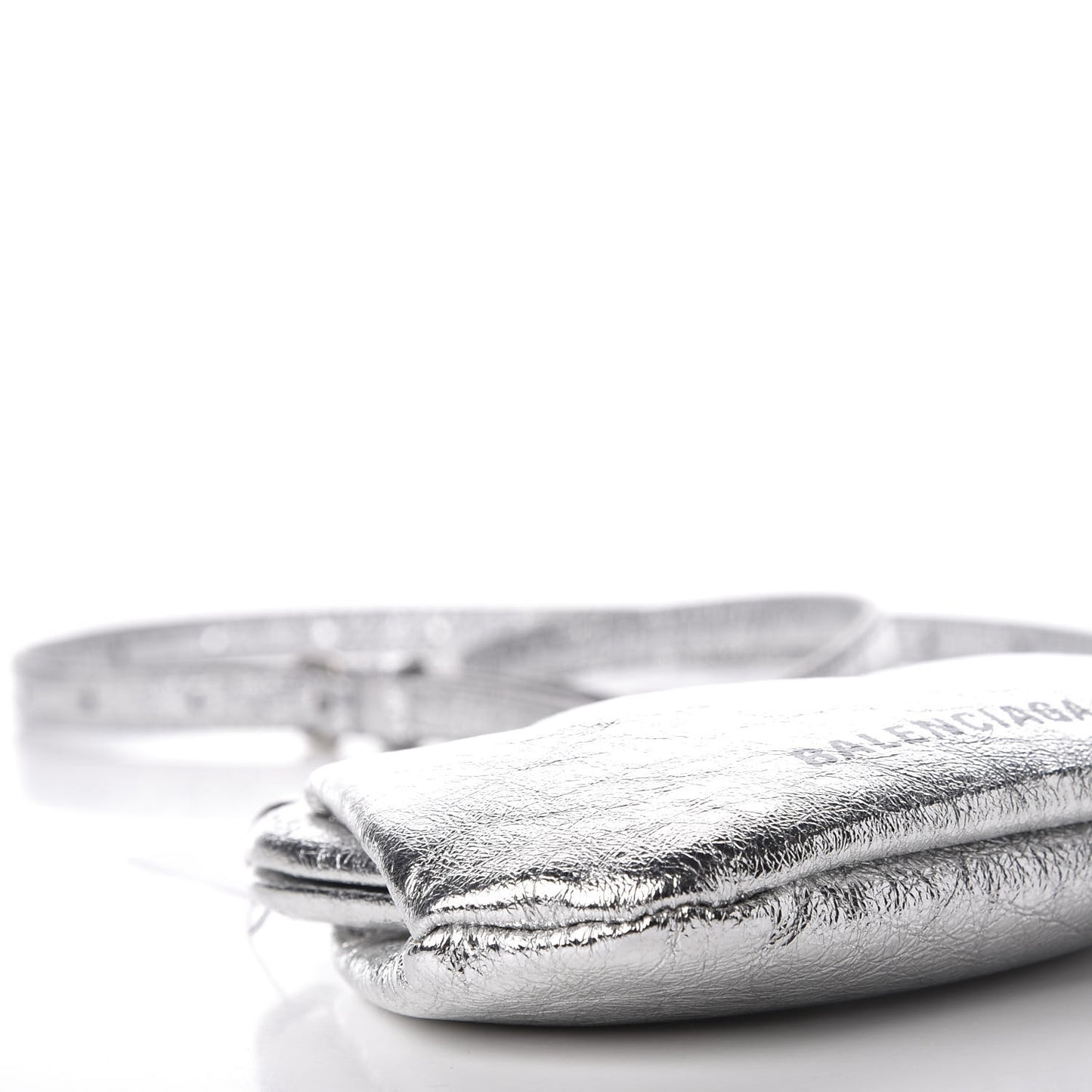 Metallic Textured Calfskin Logo Cloud Coin Purse With Strap Silver