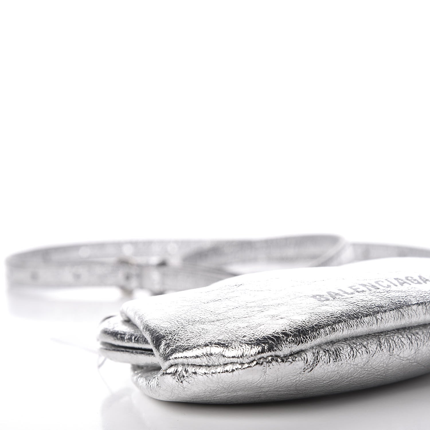 Balenciaga Metallic Textured Calfskin Logo Cloud Coin Purse With Strap Silver 4 of 10