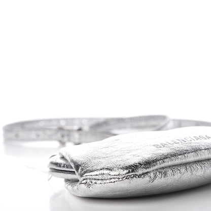 Balenciaga Metallic Textured Calfskin Logo Cloud Coin Purse With Strap Silver 4 of 10