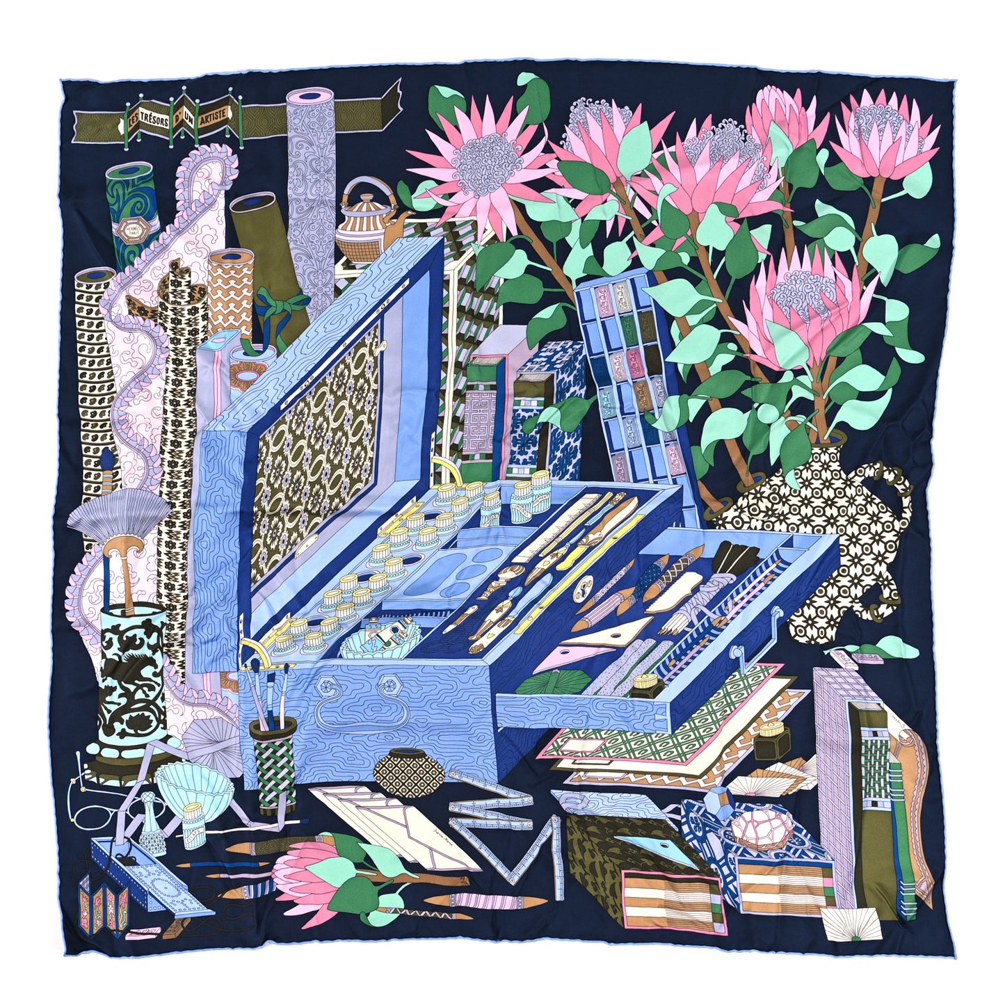 Silk Les Tresors D Un Artiste Scarf 90 Marine Ciel Rose