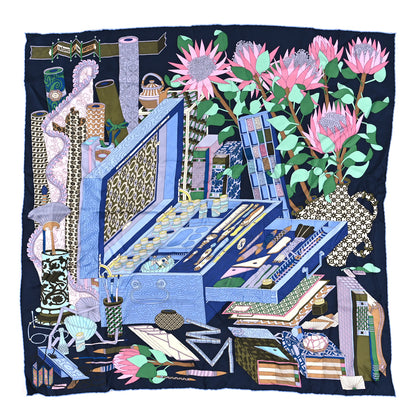 Hermes Silk Les Tresors D Un Artiste Scarf 90 Marine Ciel Rose 1 of 3