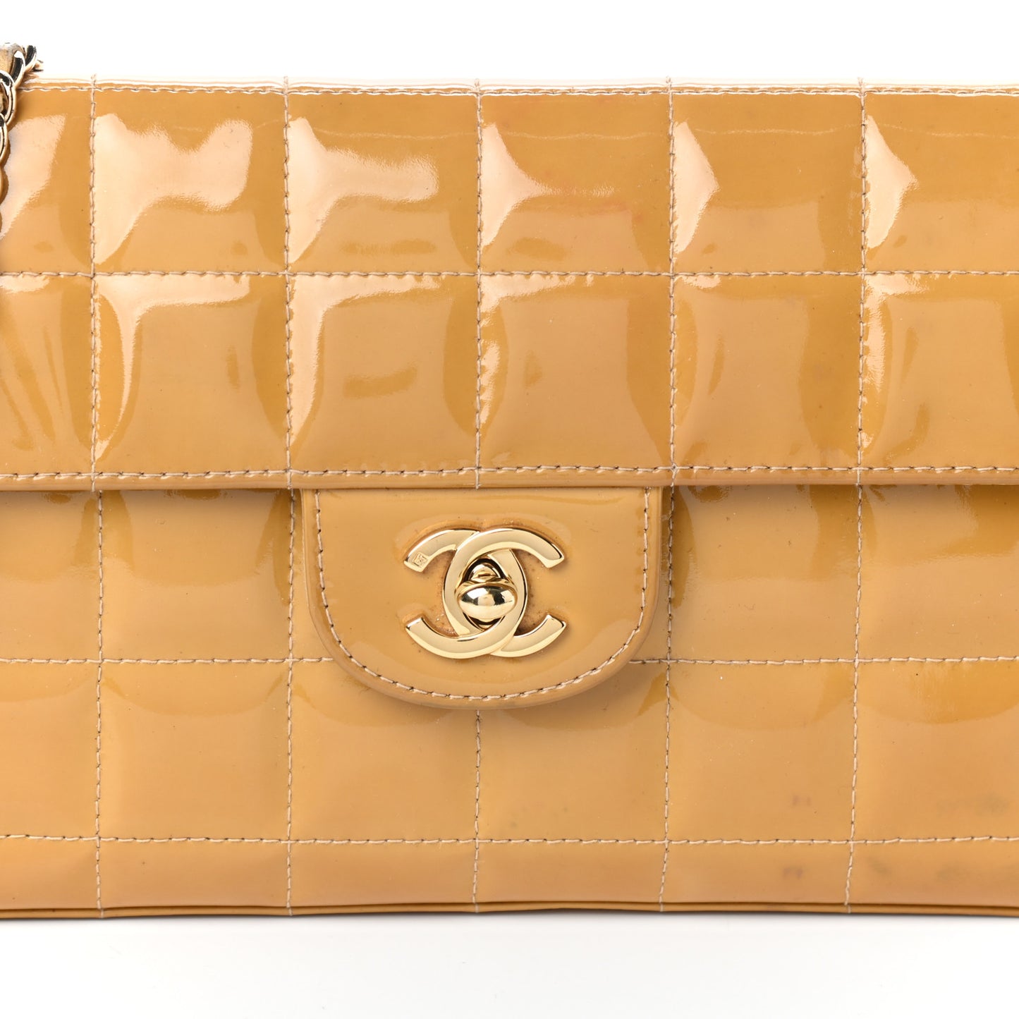 Patent Quilted East West Chocolate Bar Flap Beige