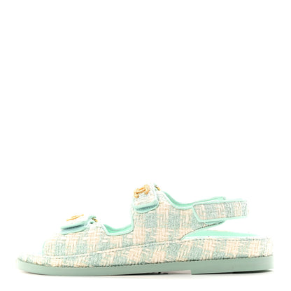 Chanel Wool Tweed Velcro Dad Sandals 37.5 Light Blue Ivory 1 of 9