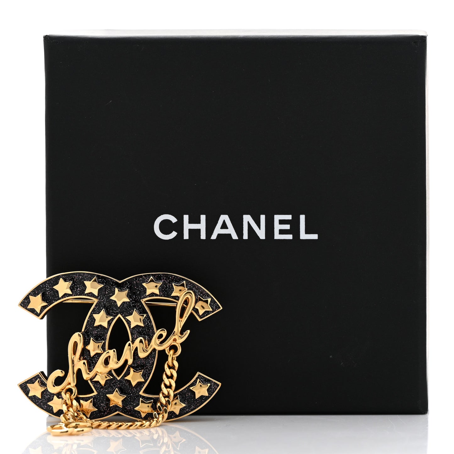 Metal Resin CC Star Chain Logo Brooch Gold Black