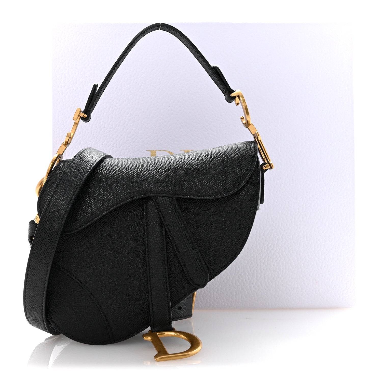 Christian Dior Grained Calfskin Mini Saddle Bag With Strap Black