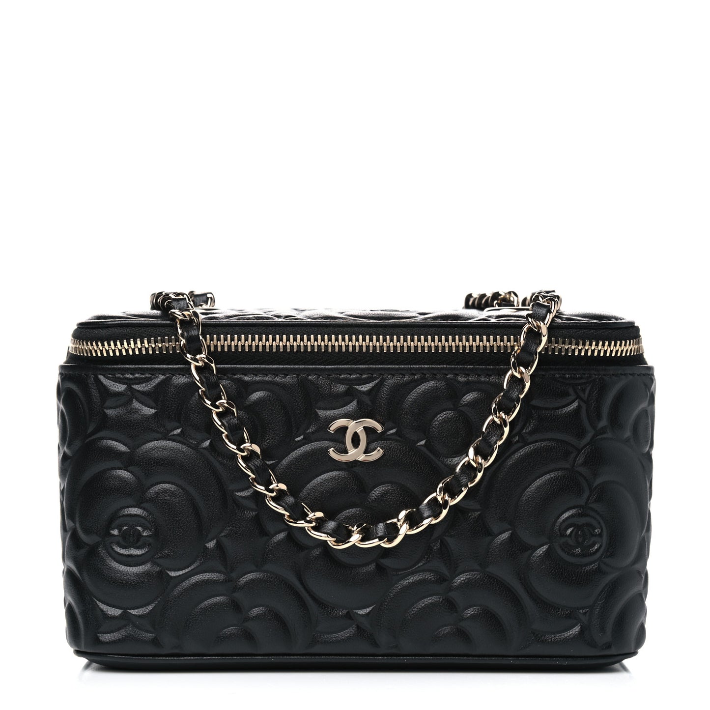 Lambskin Camellia Embossed Small Vanity Case With Chain Black