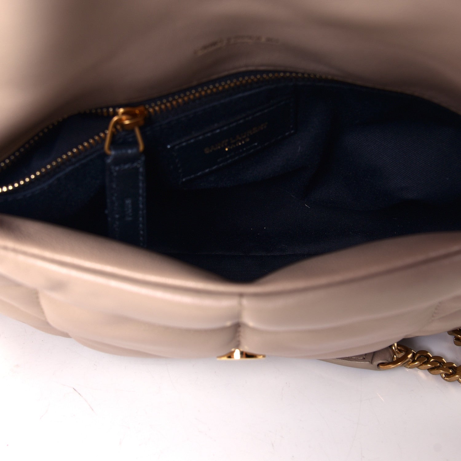 Saint Laurent Lambskin Quilted Small Loulou Puffer Monogram Chain Satchel Dark Beige 4 of 4