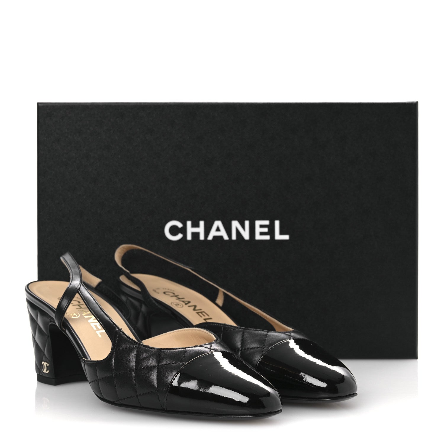 Chanel Lambskin Patent Calfskin Quilted Cap Toe CC Slingback Pumps 38 Black 11 of 11