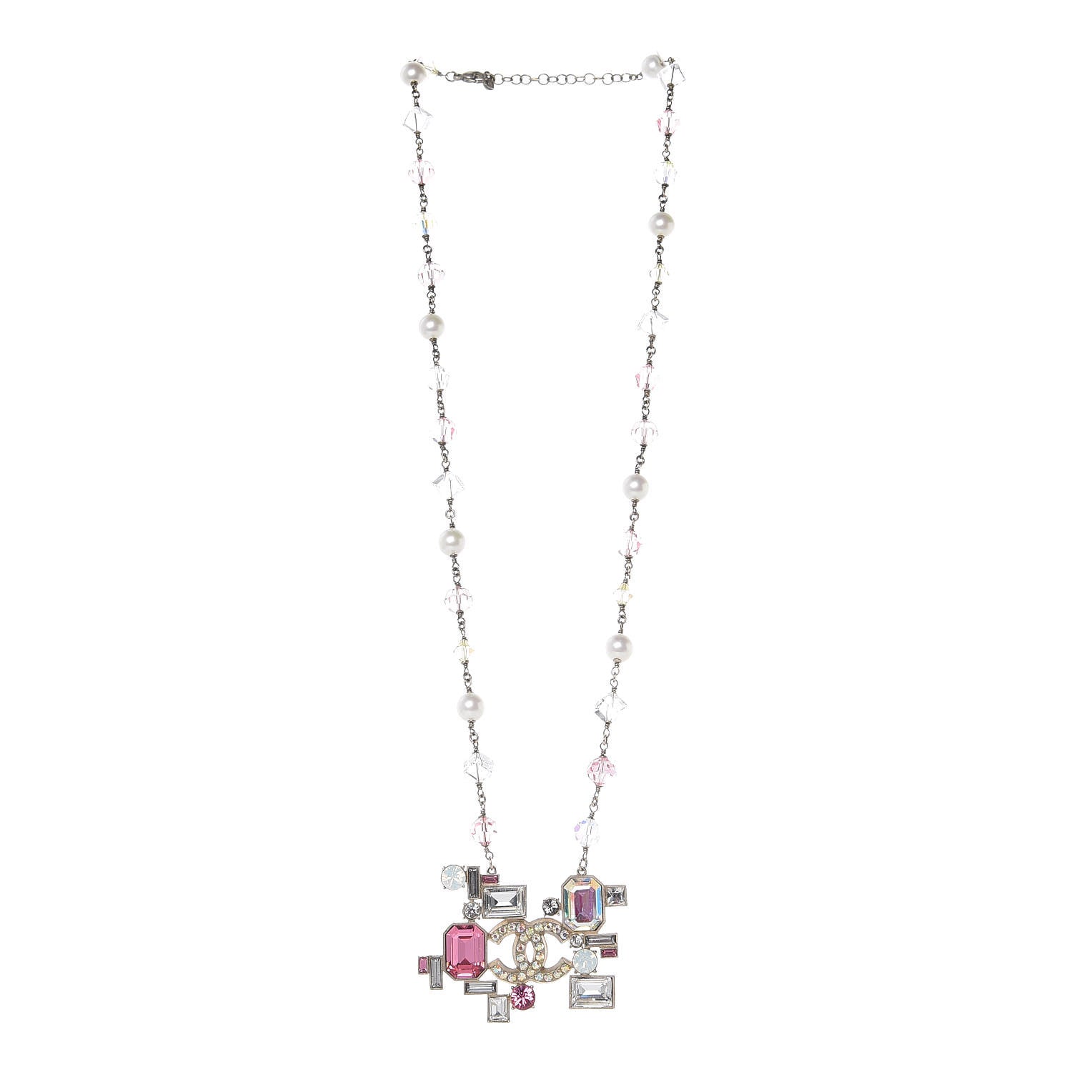 Chanel Crystal Baguette CC Pearl Necklace Pink Gold 3 of 5