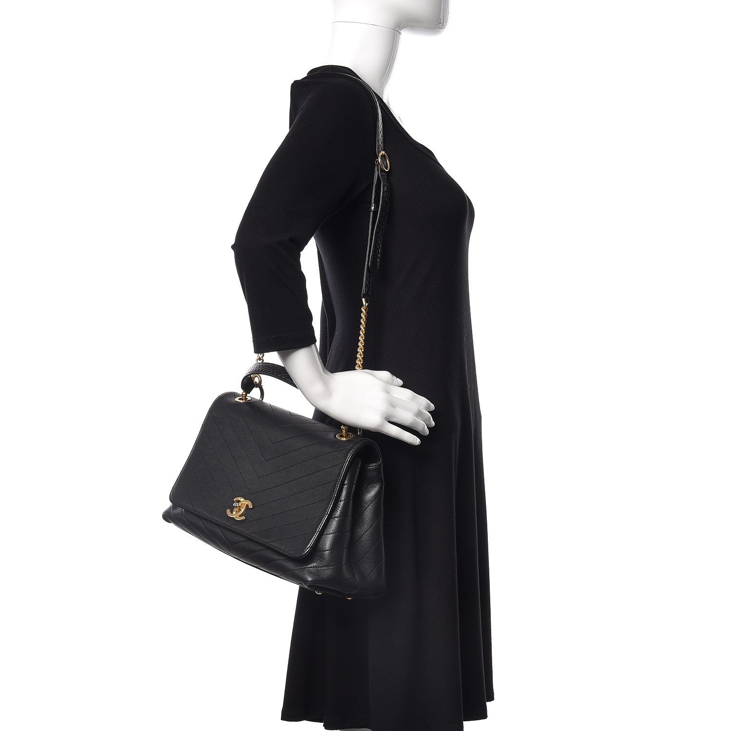 Chanel Grained Calfskin Elaphe Stitched Medium Chevron Chic Top Handle Flap Black 2 of 13