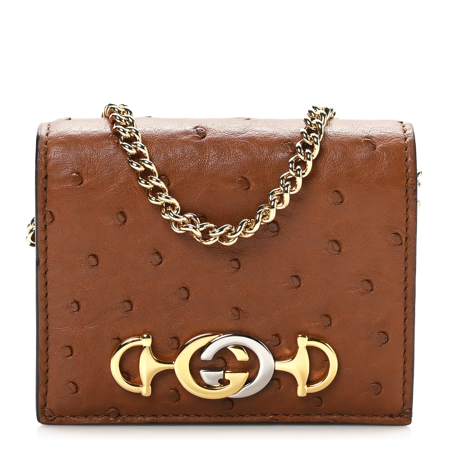Gucci Ostrich Zumi Chain Card Case Wallet Brown 1 of 8