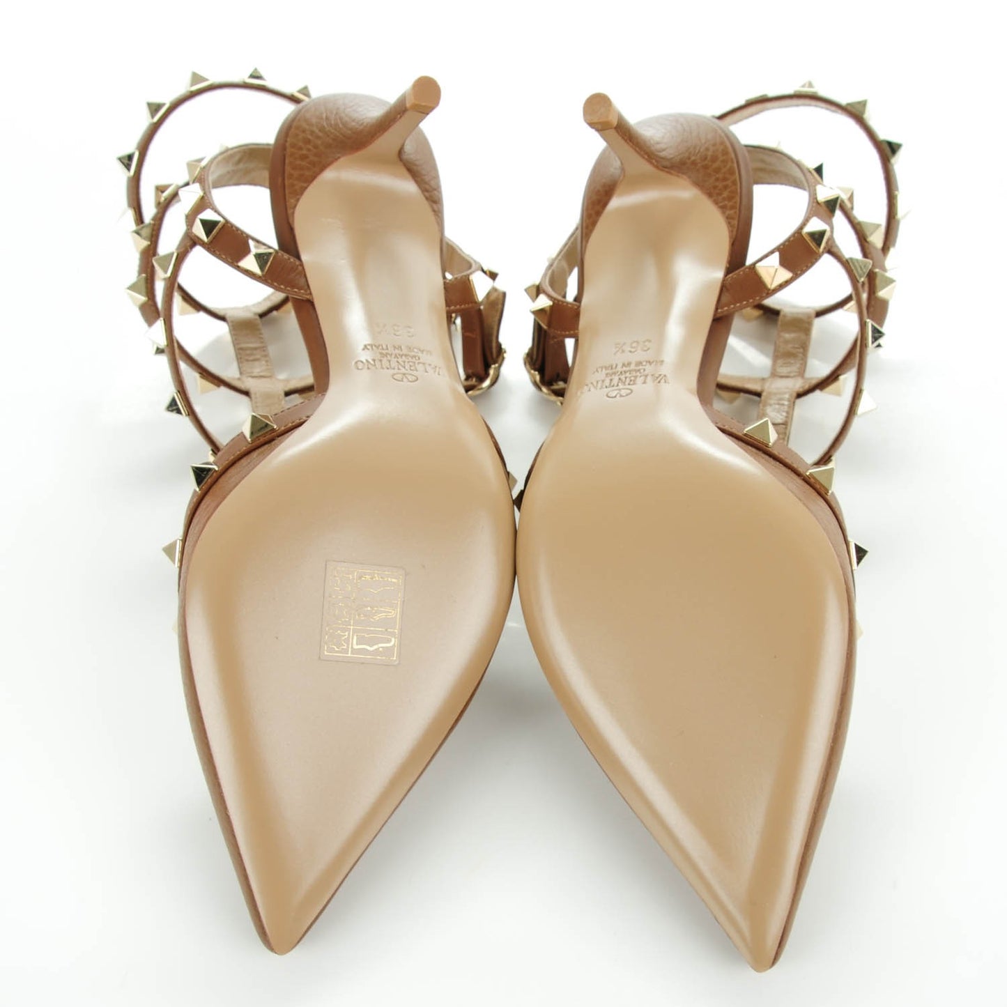 Pebbled Calfskin Rockstud Ankle Strap 65mm Pumps 36.5 Deep Cuir