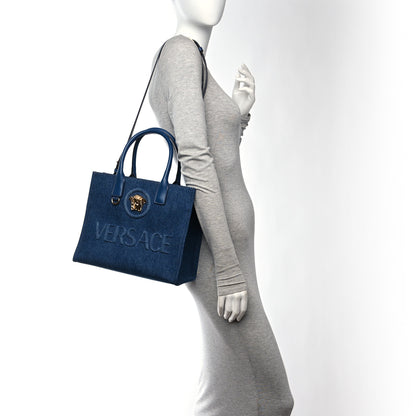 Versace Denim Calfskin La Medusa Small Tote Bag Blue 2 of 10