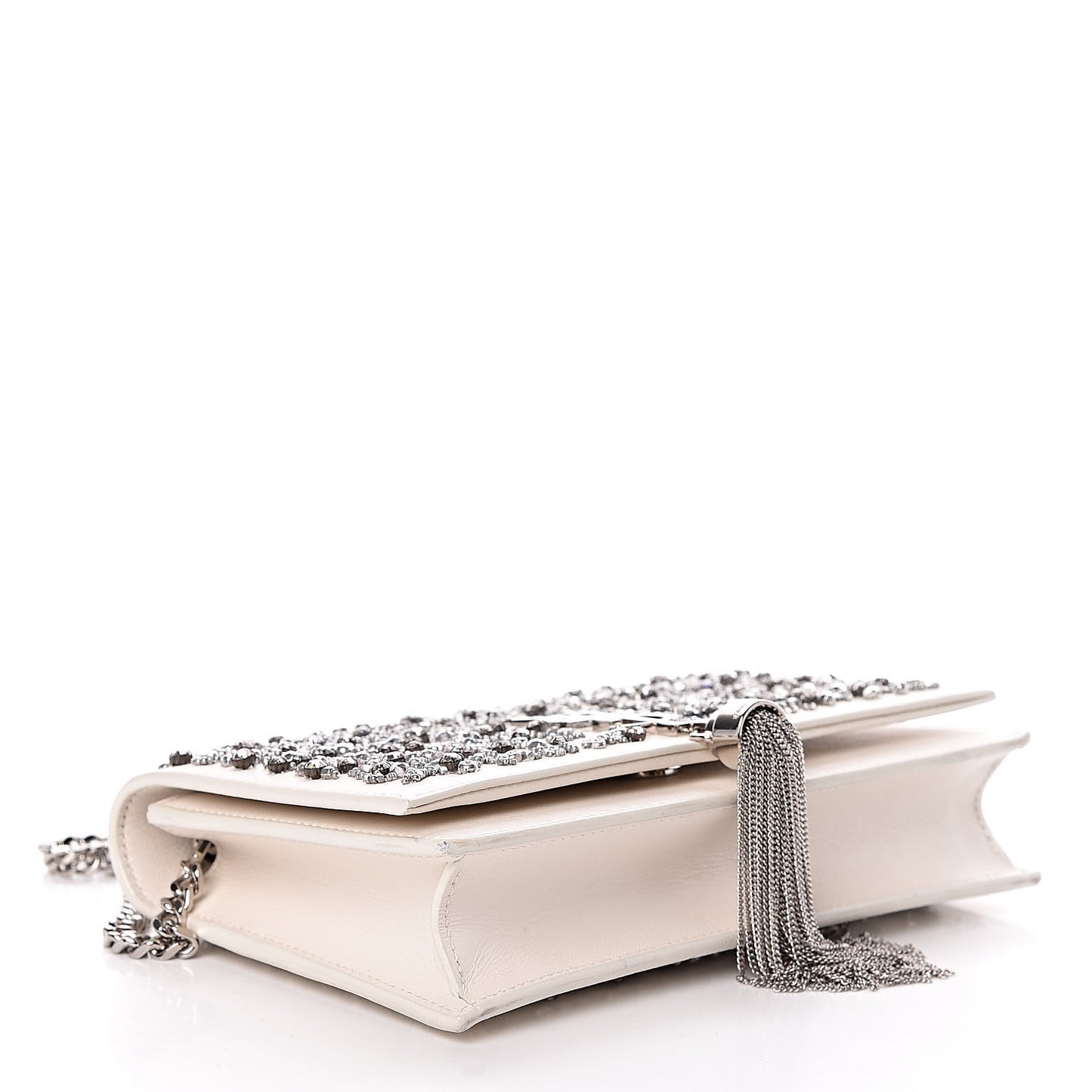 Calfskin Bead Embellished Kate Monogram Tassel Chain Wallet White